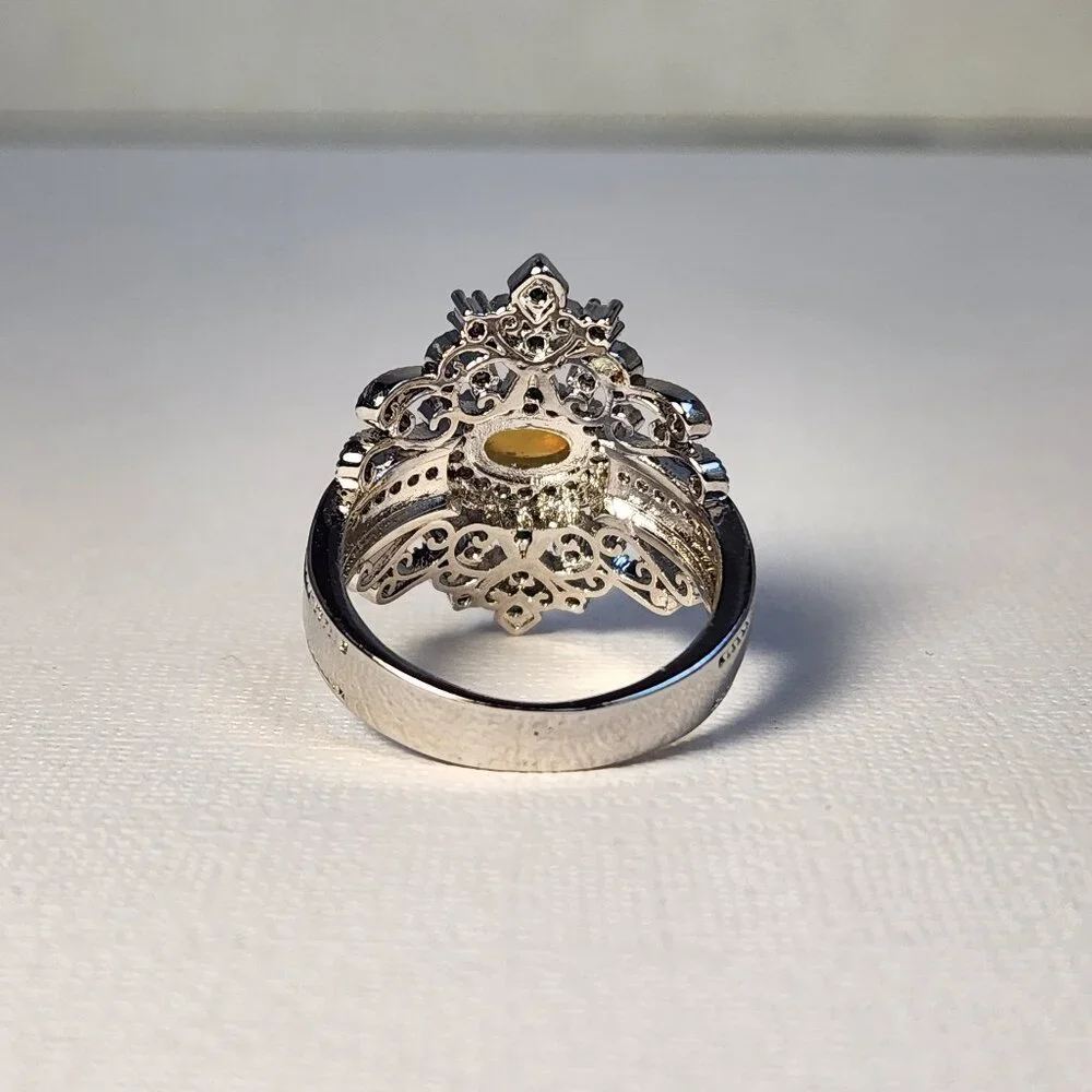 NIB 925 Art Deco Natural Opal & Tsavorite Accent Ornate Scroll Ring Sz 8.5 - Picture 7 of 12